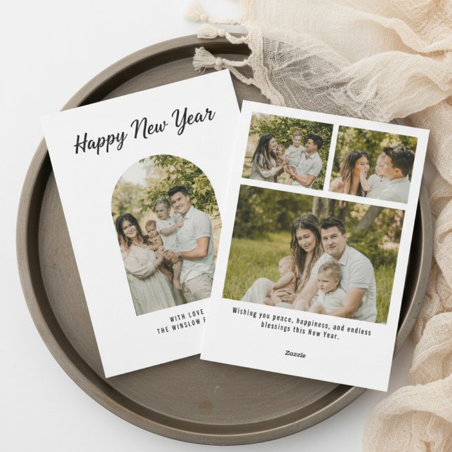 Cartão De Festividades Modern Happy New Year Photo Collage Card | Elegant (Criador carregado)