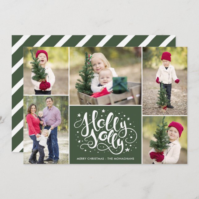 Cartão De Festividades Modern Holly Jolly Photo Collage Green (Frente/Verso)