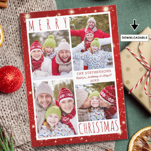 Cartão De Festividades Modern MERRY CHRISTMAS 4 Foto Collage Red Lights