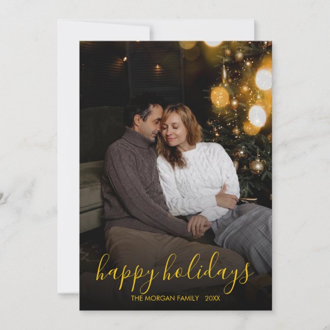 Cartão De Festividades Modern Minimalist Gold Script Happy Holidays Photo (Frente)