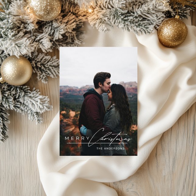 Cartão De Festividades Modern Minimalist Script 1 Photo Merry Christmas (Criador carregado)
