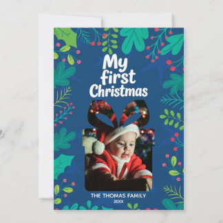 Cartão De Festividades Modern “My First Christmas” Baby Photo Card