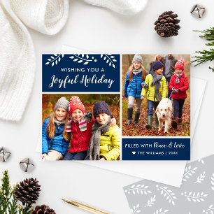 Cartão De Festividades Modern Navy Blue Joyful Holiday Photo Collage