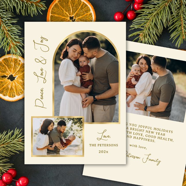 Cartão De Festividades Modern Peace Love Joy Script Gold Arch 3 Photo  (Criador carregado)