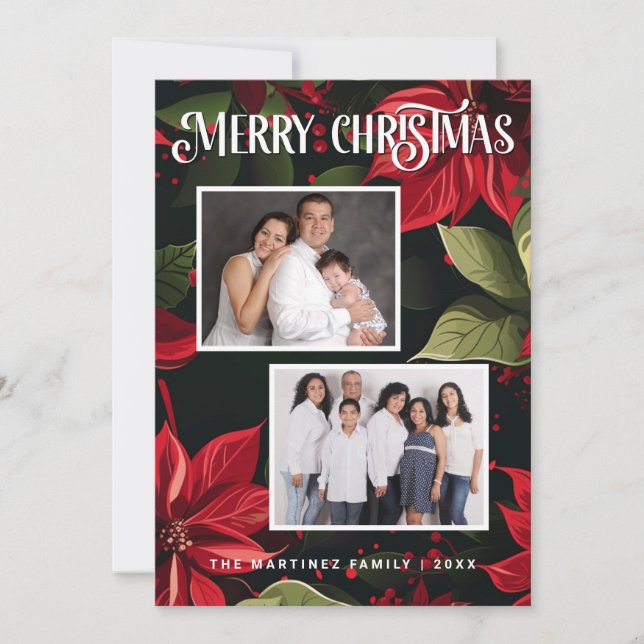 Cartão De Festividades Modern Poinsettia Feliz Foto De Natal (Frente)
