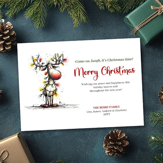 Cartão De Festividades Modern Quirky Reindeer Holiday Greeting Card (Modern Quirky Reindeer Holiday Greeting Card)
