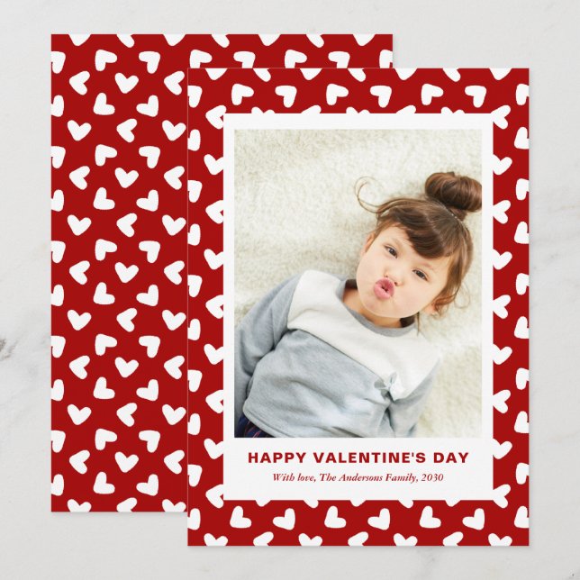 Cartão De Festividades Modern Red Hearts Pattern One Photo Valentines Day (Frente/Verso)
