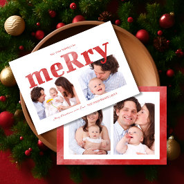 Cartão De Festividades Modern Red “Merry” Typography Photo Family