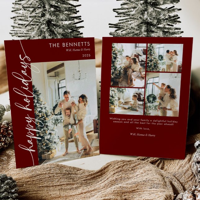 Cartão De Festividades Modern Red Script Happy Holidays Photo Collage  (Criador carregado)