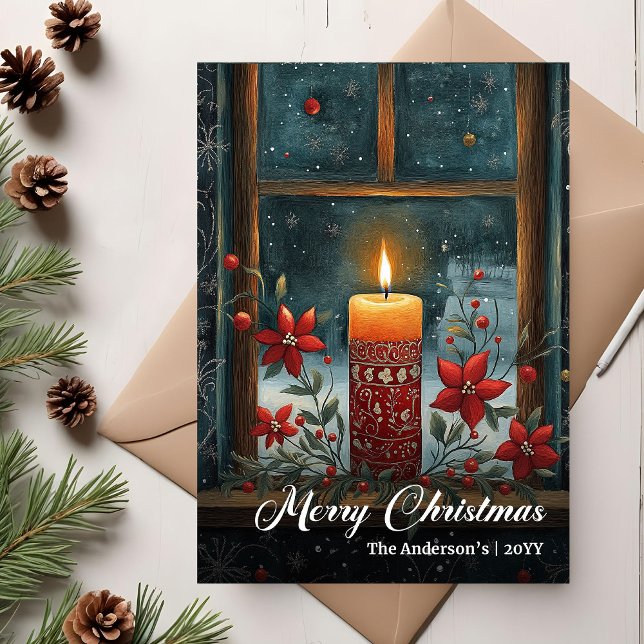 Cartão De Festividades Modern Retro Christmas Candle Holiday Card (Modern Retro Christmas Candle Holiday Card)