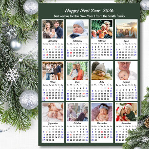 Cartão De Festividades Modern Sage Green 2026 Calendar 12 Colagem de Foto