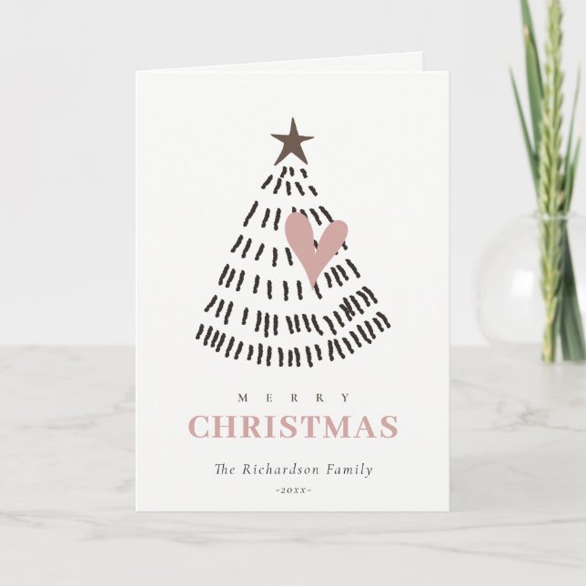 Cartão De Festividades Modern Scandi Minimal Blush Heart Christmas Tree (Frente)