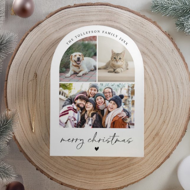 Cartão De Festividades Modern Script Black and White Arch Christmas (Modern arch Christmas card with black and white photo, minimalist script, and heart accent.)