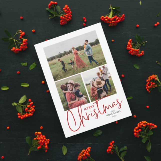 Cartão De Festividades Modern Script Feliz Natal Simples 3 Foto (Simple script 3 photo collage merry christmas holiday card with handwritten typography.)
