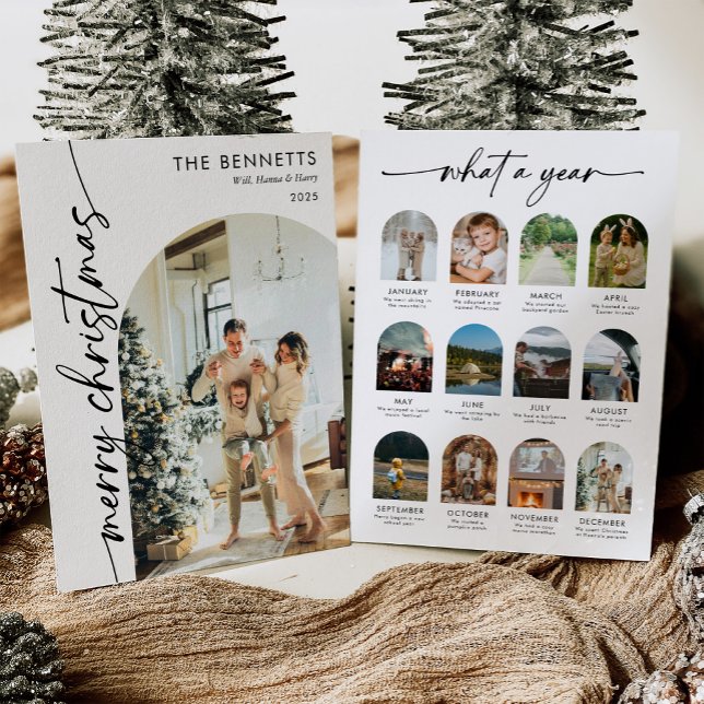 Cartão De Festividades Modern Script What A Year Merry Christmas Photo (Criador carregado)