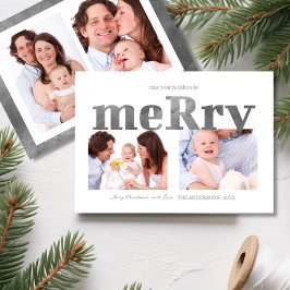 Cartão De Festividades Modern Silver “Merry” Typography Photo Family