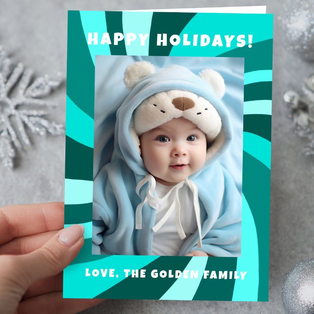 Cartão De Festividades Modern Swirl HAPPY HOLIDAYS CUSTOM PHOTO (Modern Swirl HAPPY HOLIDAYS CUSTOM PHOTO Green Christmas Holiday Card
)
