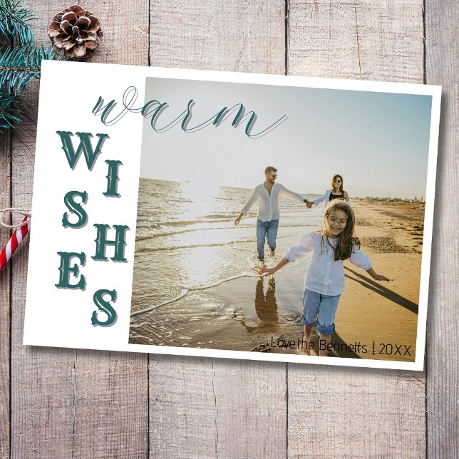Cartão De Festividades Modern Teal Warm Wishes Two Beach Family Photo (Criador carregado)