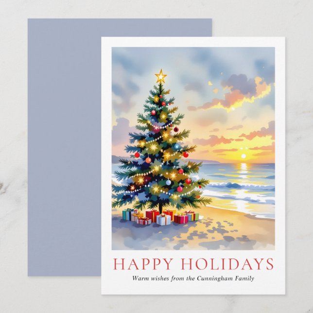 Cartão De Festividades Modern Watercolor Festive Beach Coastal Christmas (Frente/Verso)