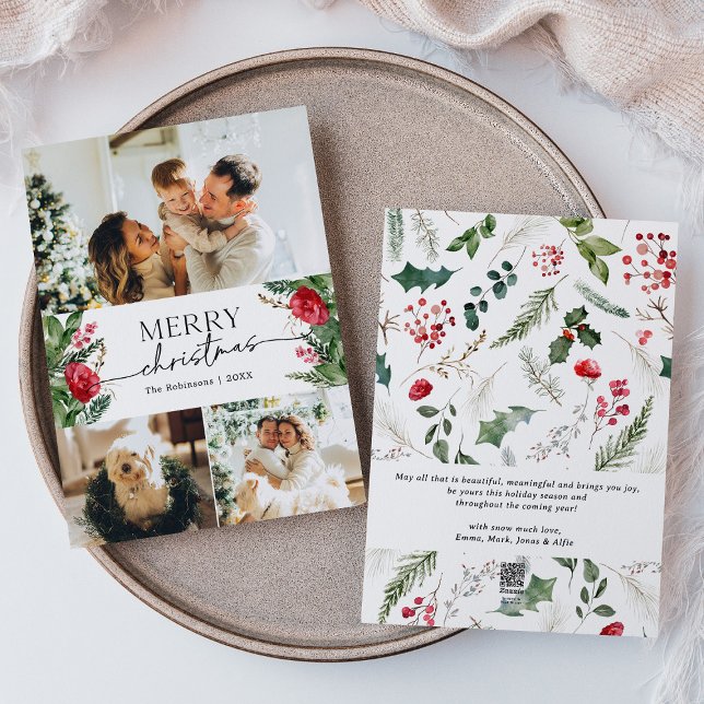 Cartão De Festividades Modern Winter Botanic 3 Foto Feliz Natal (Criador carregado)