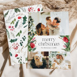 Cartão De Festividades Modern Winter Botanical Felry Christmas 3 Photo<br><div class="desc">Esta coleção apresenta florais vermelhos de aquarela,  bagas e verde de inverno com tipografia moderna e elegante,  com padrão de ouro botânico de inverno.</div>