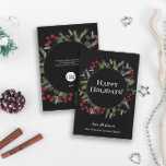 Cartão De Festividades Modern Wreath Holly Corporate com logotipo<br><div class="desc">Imprima clientes e colegas com este cartão de Natal empresarial moderno, com um fundo preto e um design de coroa na moda holly. O layout elegante e profissional é perfeito para enviar saudações da temporada do seu negócio. Personalize com o logotipo, o nome e uma mensagem de feriado personalizada da...</div>