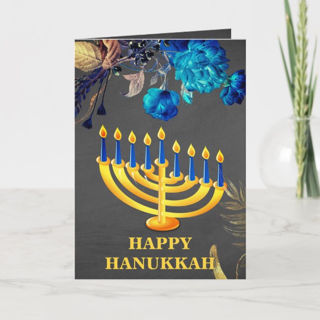 Cartão De Festividades Moderno Blue e Dourado Menorah Happy Hanukkah (Frente)