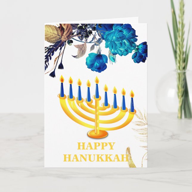 Cartão De Festividades Moderno Blue e Dourado Menorah Happy Hanukkah Holi (Frente)