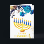 Cartão De Festividades Moderno Blue e Dourado Menorah Happy Hanukkah Holi<br><div class="desc">O moderno Blue & Dourado Menorah Happy Hanukkah Holiday Card apresenta o fundo branco,  rosas azuis e dourados e velas Hanukkah.O dentro do cartão tem uma mensagem pessoal modelo.Clique no botão personalizar para personalizá-lo com seu próprio texto.</div>