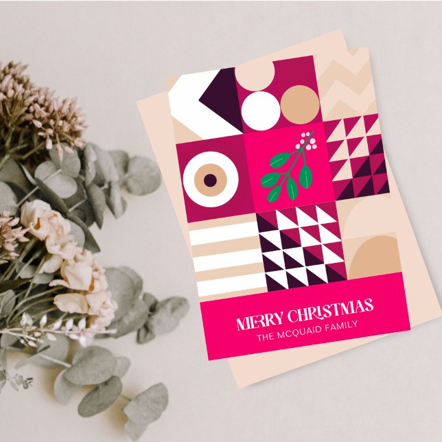 Cartão De Festividades Moderno Borgonha Geométrica Rosa Natal (Modern Geometric Pinks and Maroon Holiday Card)
