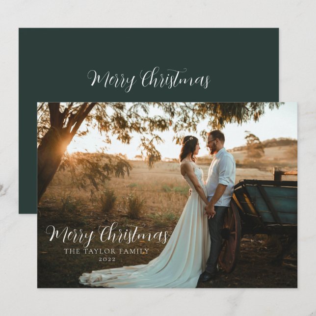 Cartão De Festividades Moderno Casal de Natal Verde Stylish Boho Foto (Frente/Verso)