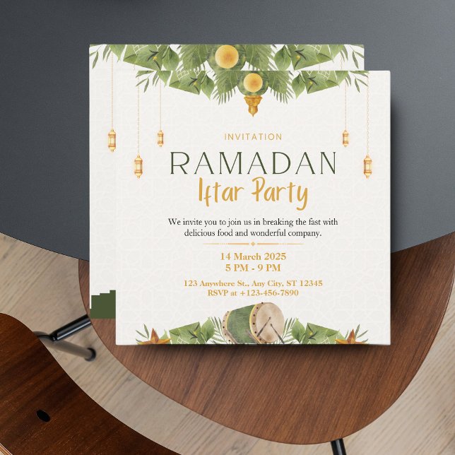 Cartão De Festividades Moderno Elegante Verde e Dourado Ramadã Iftar (Modern Elegant Green & Gold Ramadan Iftar Holiday Card)