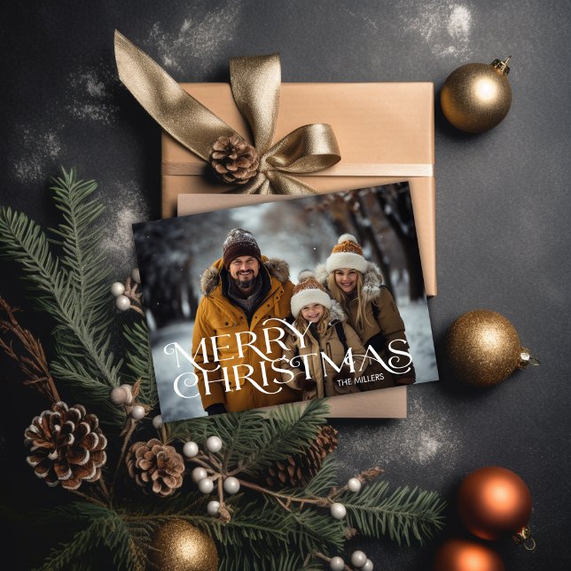 Cartão De Festividades Moderno Feliz Natal Mínimo 1 Foto Elegante (Modern Merry Christmas Minimal 1 Photo Elegant Holiday Card)