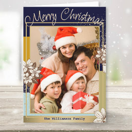 Cartão De Festividades Moderno Floral Azul Dourado Foto Feliz Natal