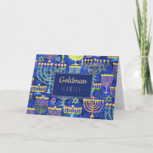 Cartão De Festividades Moderno Hanukkah Blue Dourado Menorah Star de Davi