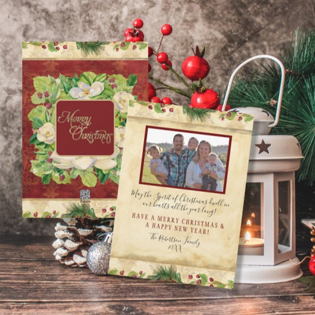 Cartão De Festividades Mola Floral Magnolia Pine Wreath Natal (Criador carregado)