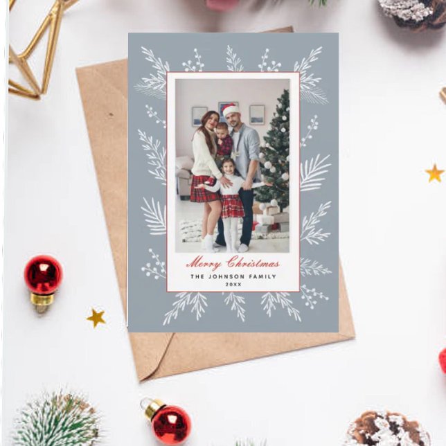 Cartão De Festividades Moldura botânica azul empoeirado moderno Natal (Criador carregado)