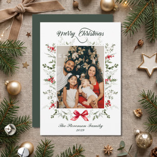 Cartão De Festividades Moldura Botânica em Aquarela de Natal para Foto