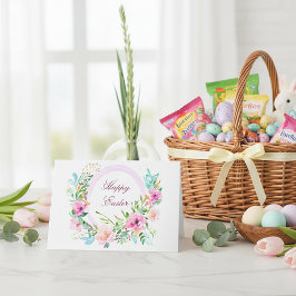 Cartão De Festividades Moldura circular floral em aquarela rosa personali