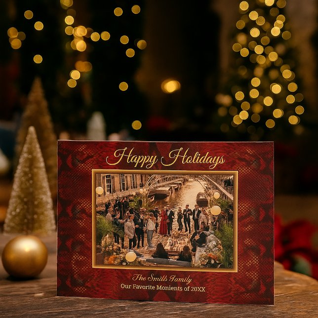 Cartão De Festividades Moldura de Foto com Impressão de Python Vermelha d (Luxury Red Python Print Frame Photo Holiday Card)