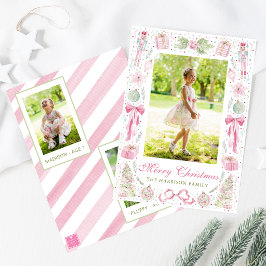 Cartão De Festividades Moldura de Natal em Aquarela Rosa e Verde para Fot