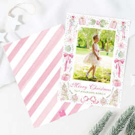 Cartão De Festividades Moldura de Natal em Aquarela Rosa e Verde para Fot