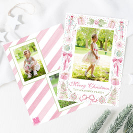 Cartão De Festividades Moldura de Natal em Aquarela Rosa e Verde para Fot