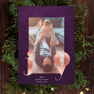 Cartão De Festividades Moldura JOY em Rose Gold Foto de Natal