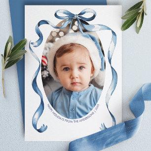 Cartão De Festividades Moldura Oval com Laço Azul Natal Foto