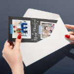 Cartão De Festividades Molduras de Foto Blue Washi e Chalkboard<br><div class="desc">Este cartão de feriado de formato fino é uma escolha econômica e apresenta duas das suas fotografias favoritas em quadros de fotografias instantâneas de estilo vintage com legendas editáveis. O design parece que eles são gravados em um quadro com tiras padronizadas de fita de washi de papel para dar à...</div>