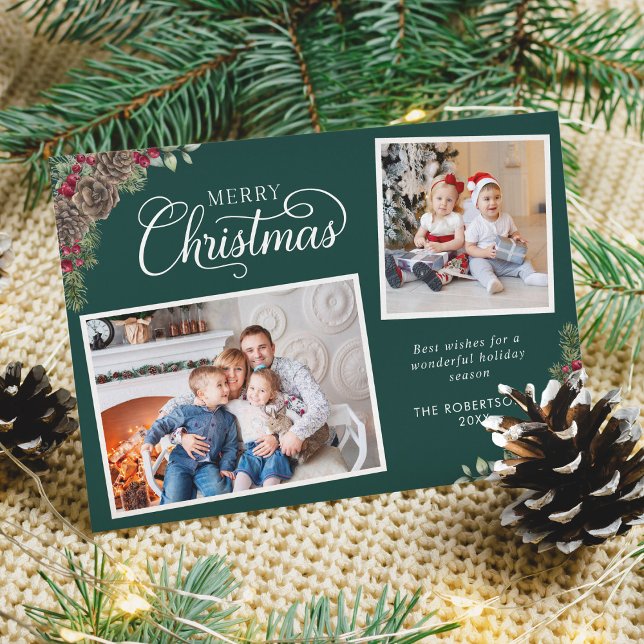 Cartão De Festividades Molereca Natal Botânica 2 Foto Escura Verde Escuro (Criador carregado)