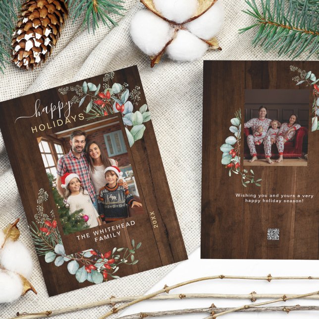 Cartão De Festividades Molho Botânico Molerical Foto Madeira Rústica (You will love these beautiful Christmas cards! They feature botanical watercolor pine and berries.)