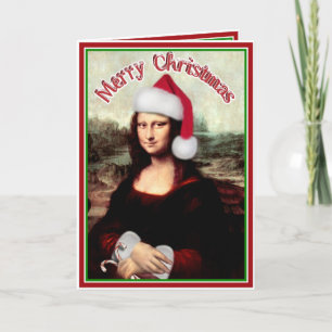 Cartão De Festividades Mona Lisa de Natal com Chapéu de Papai Noel