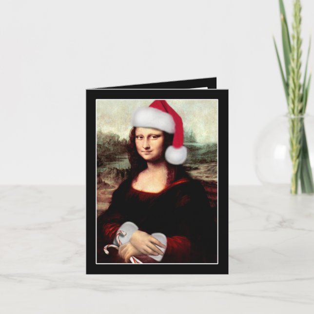 Cartão De Festividades Mona Lisa Santa Hat Natal (Frente)